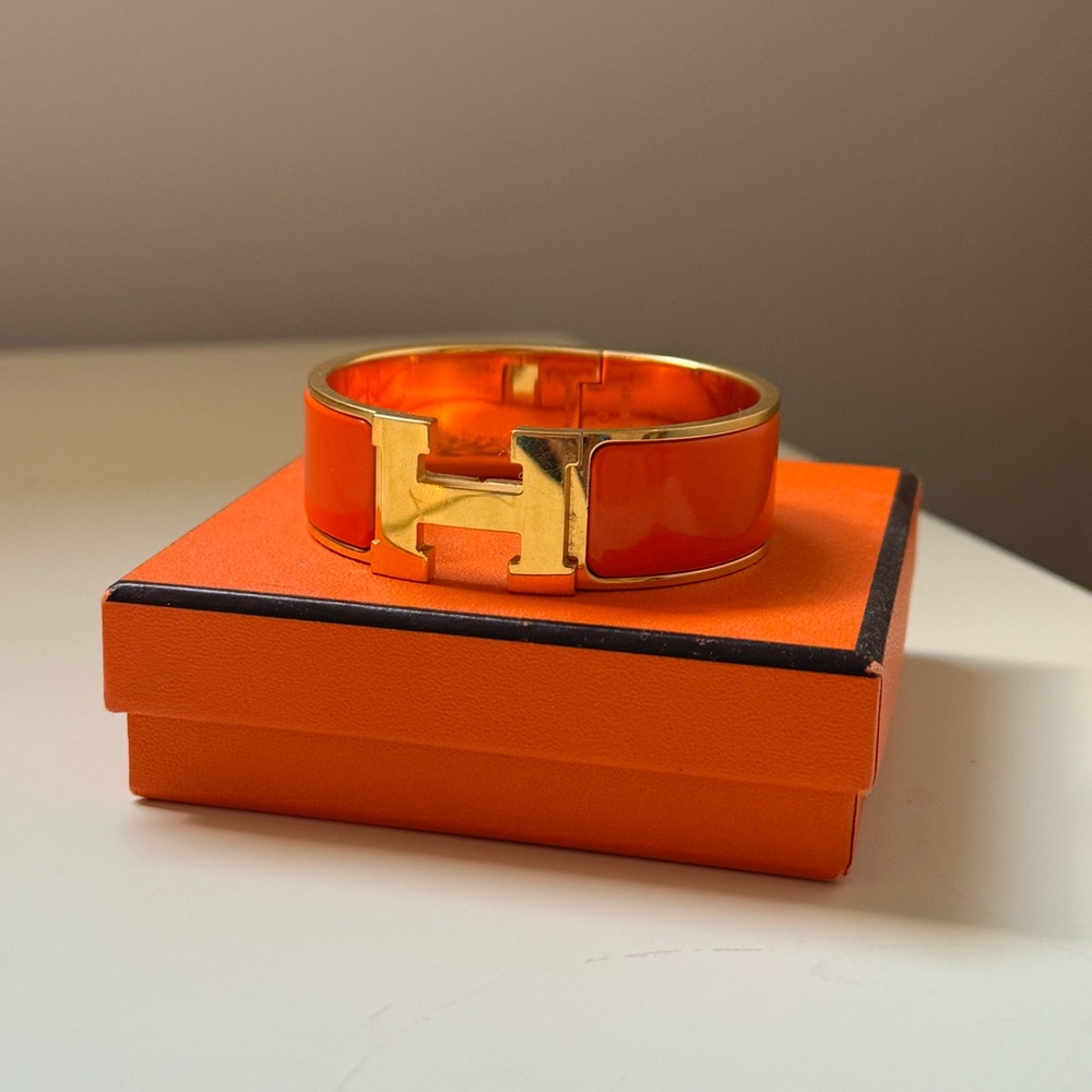 Hermes Orange Enamel Clic H Bracelet with Gold Hardware